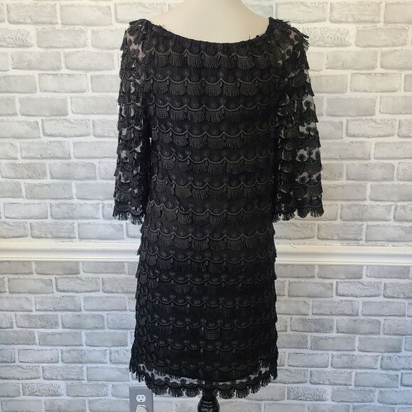 Trina Turk Black Lace Tiered Shift Dress Glam Goth Cocktail Lined Party Whimsey - Picture 5 of 9